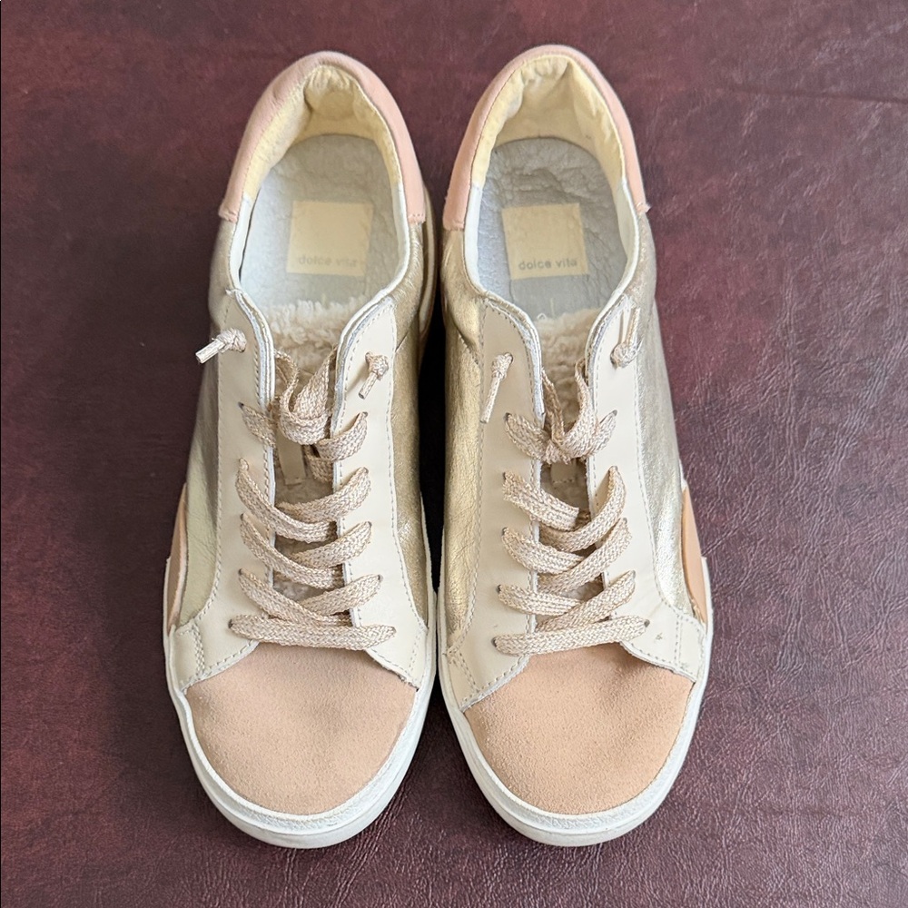 Dolce Vita Women's Beige & Blush Mixed-Material Lace-Up Sneakers, size 7
